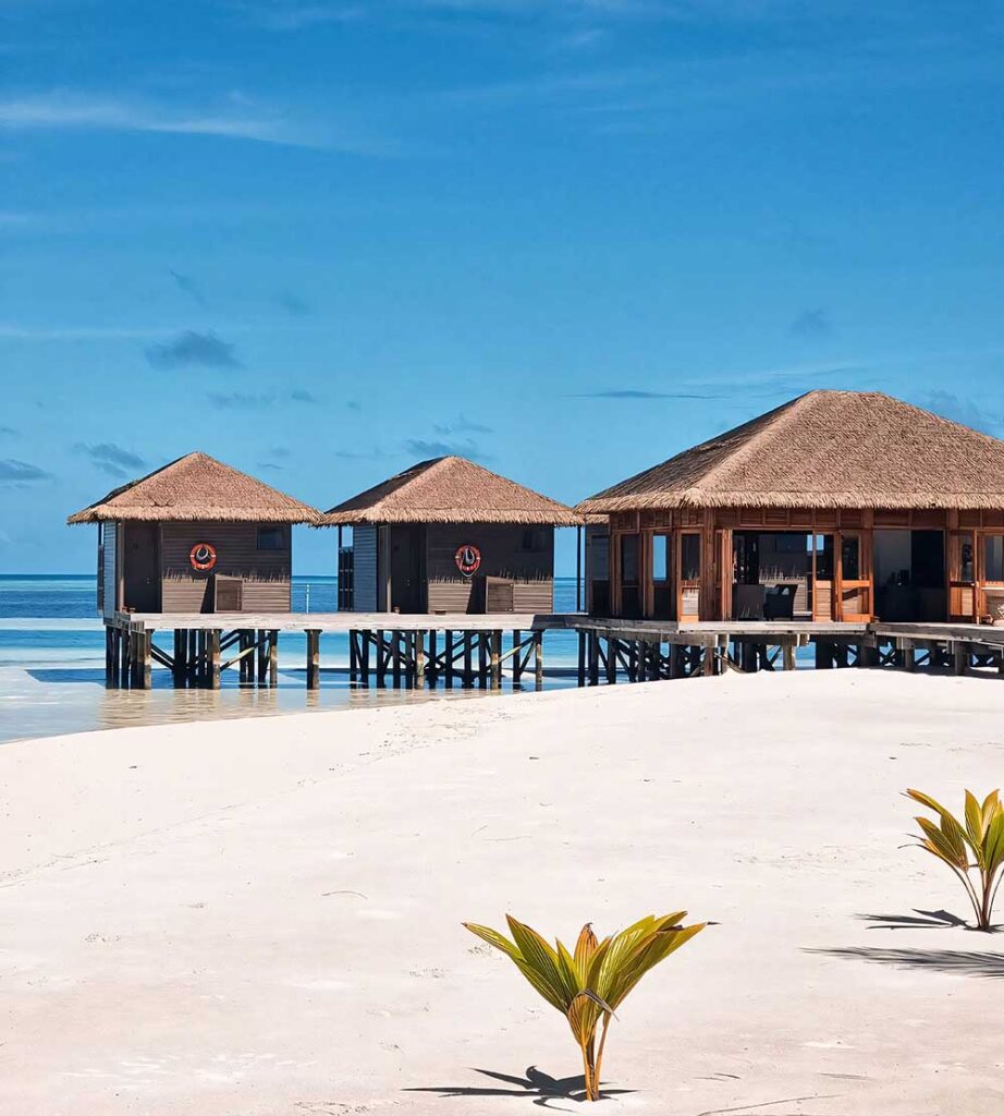 Cubierta ligera de paja compuesta en un restaurante tropical de las Maldivas